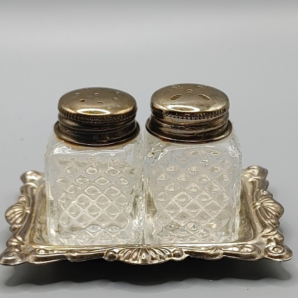 Mini Cut Glass Salt & Pepper Shakers on Tray